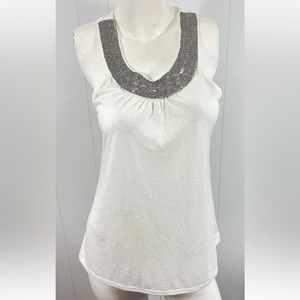 NWT Vanity Women’s Ivory Top Tunic Blouse Embellished Round Neck Sleeveless Sz L